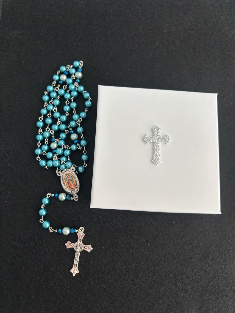 Catholic Rosary Frosted Teal and Pastel Green Our Lady of Guadalupe Handmade
